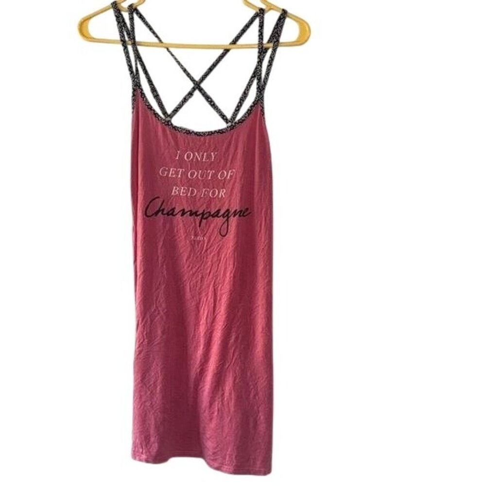 XOXO Womens Pink Strappy Back Sleep Tank Dress "I Only Get Out Of Bed For Champa